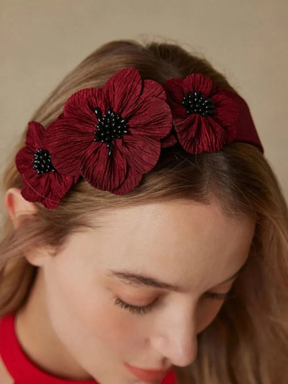 Burgundy Floral Headband with Black Beaded Centers
